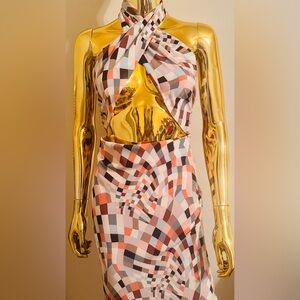 Forever 21 Geometric Woven Halter Tan Multi Dress, Size L, NWT